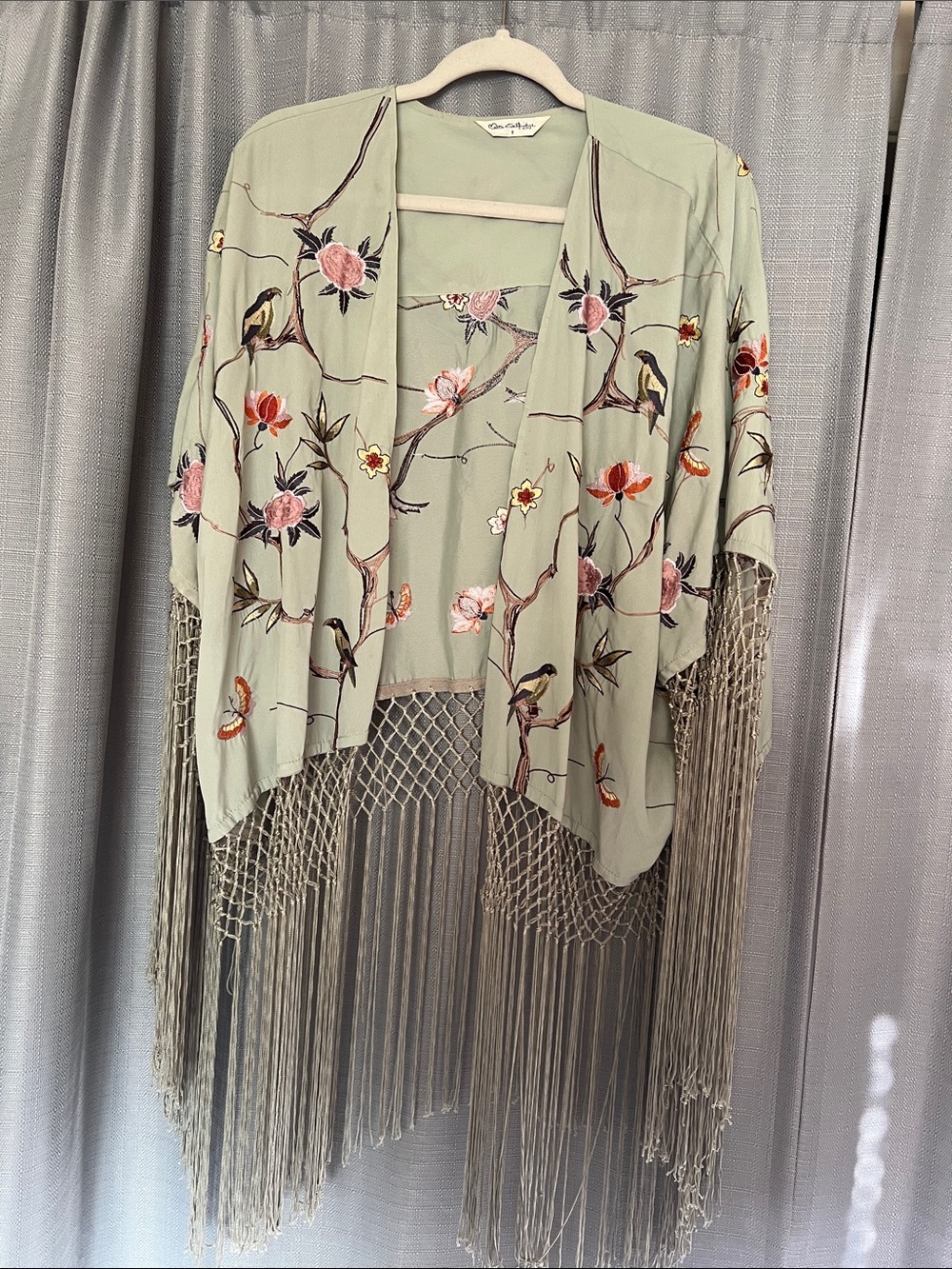 Sage Floral Embroidered Fringe Kimono